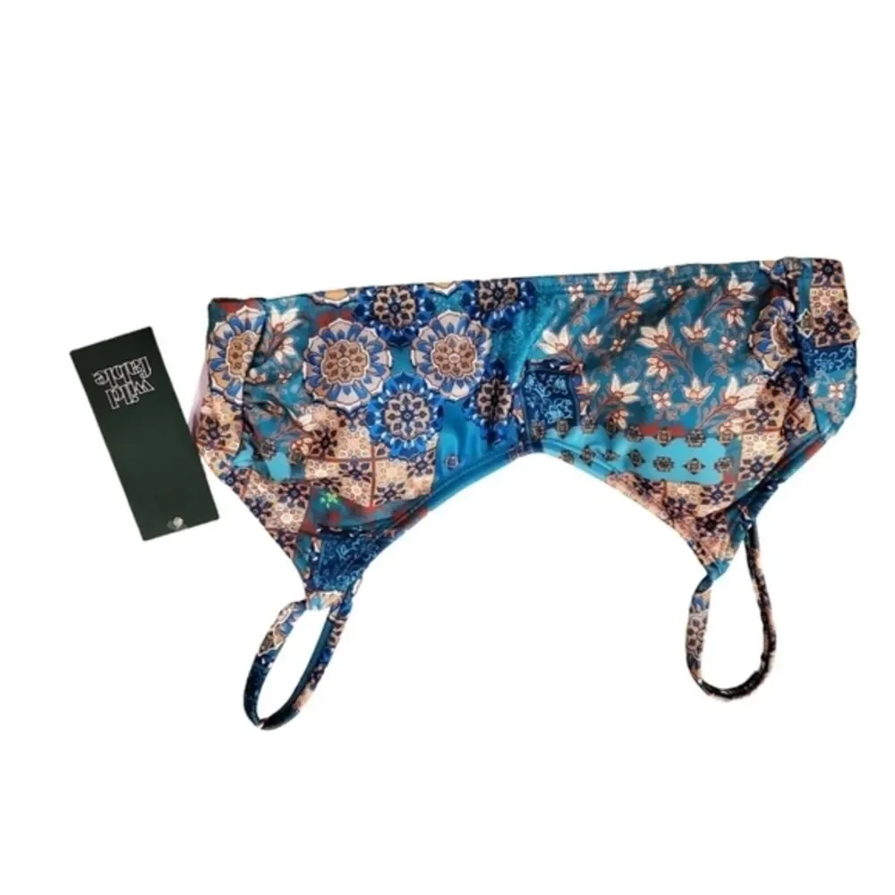 Girls Blue Patchwork Floral Print Bikini Top XS 0-2 Adjustable Straps‎